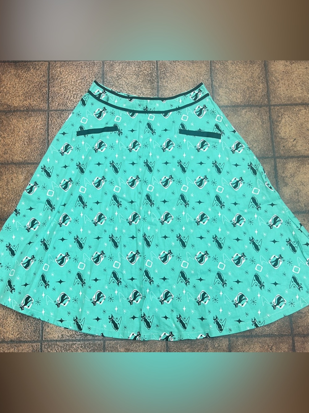Turquoise A-Line Skirt with Cat Print